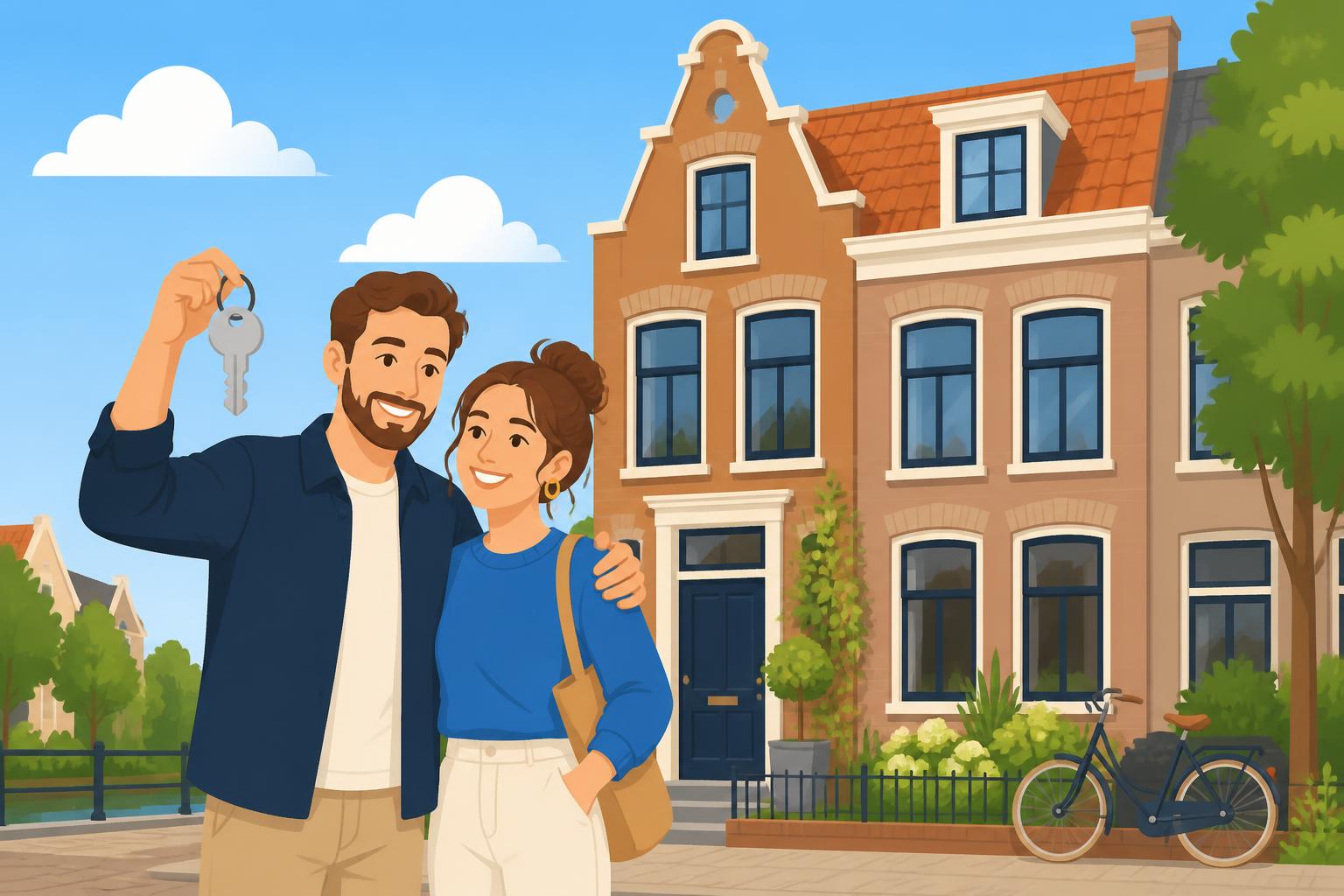 Illustratie van een blij stel met de sleutel van hun nieuwe huis voor de deur